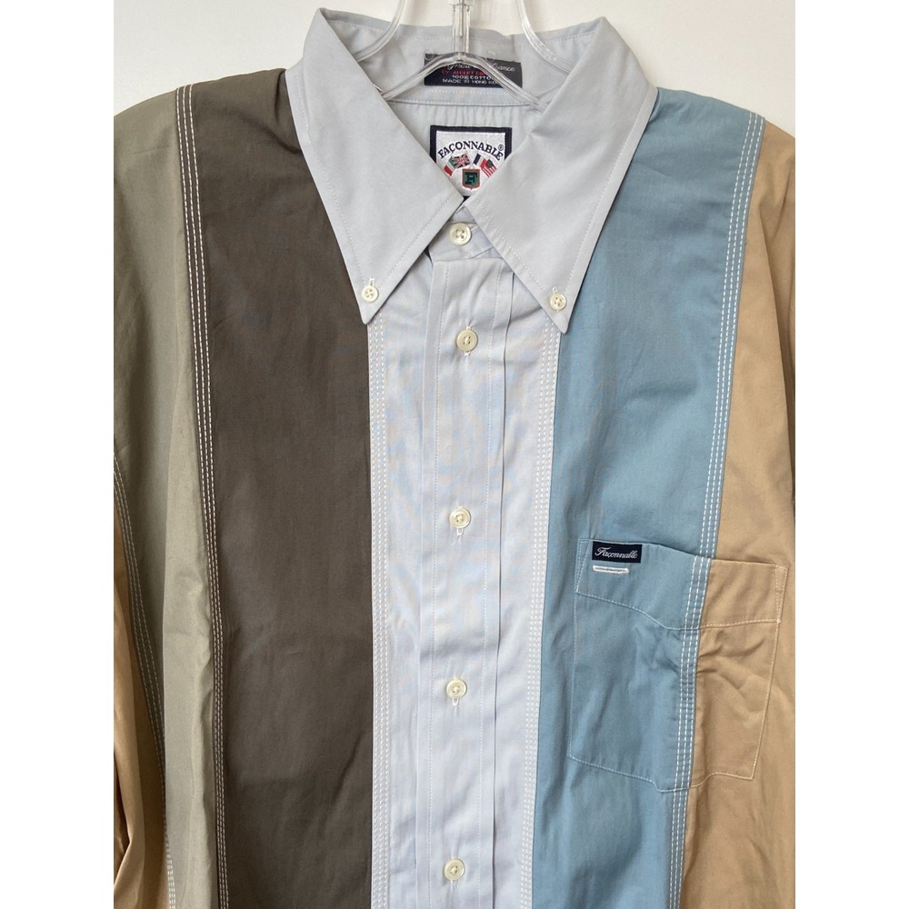 Vtg NWT Faconnable Men's LARGE Shirt COLOR BLOCK Blue Tan Gray NOS Nordstrom